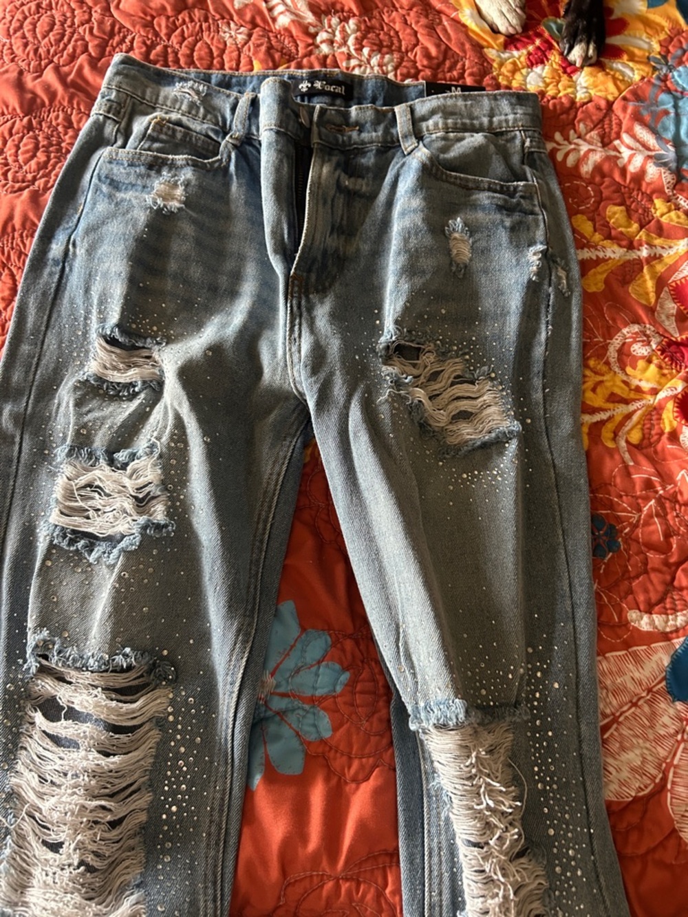 Vocal Blue Distressed Skinny Jeans with Rhinestone Accents